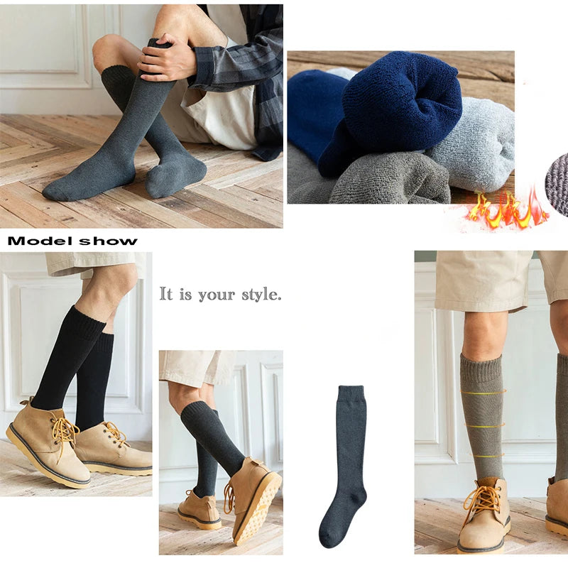 6PCS=3Pairs Men's Winter Compression Stocking Warm Hot Knee High Long Leg Terry Socks Warm Thicken Cover Calf Socks Size 38-44