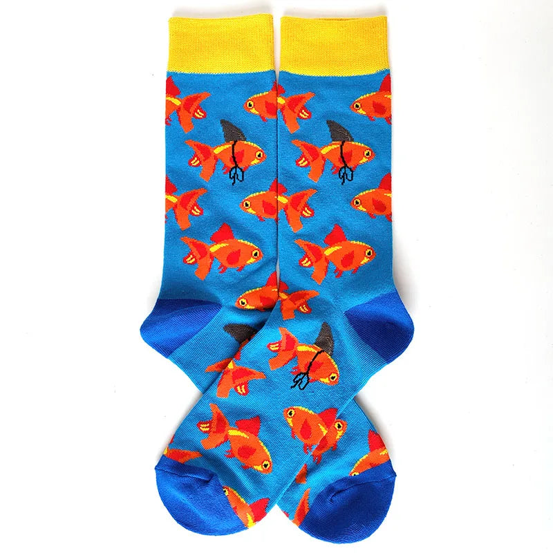 58 Style Cartoon Men Socks Fish bird parrot shark Theme Cotton Novelty Funny Hip Hop Trend Street Long Socks