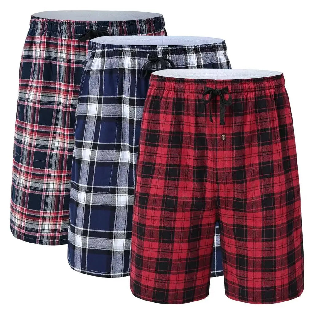 3Pcs Men's 100% Cotton Underwear Boxers Shorts Suit, Plaid Pajama Sleeping Bottoms Pants Suit, Elastic Waist Shorts Homewear