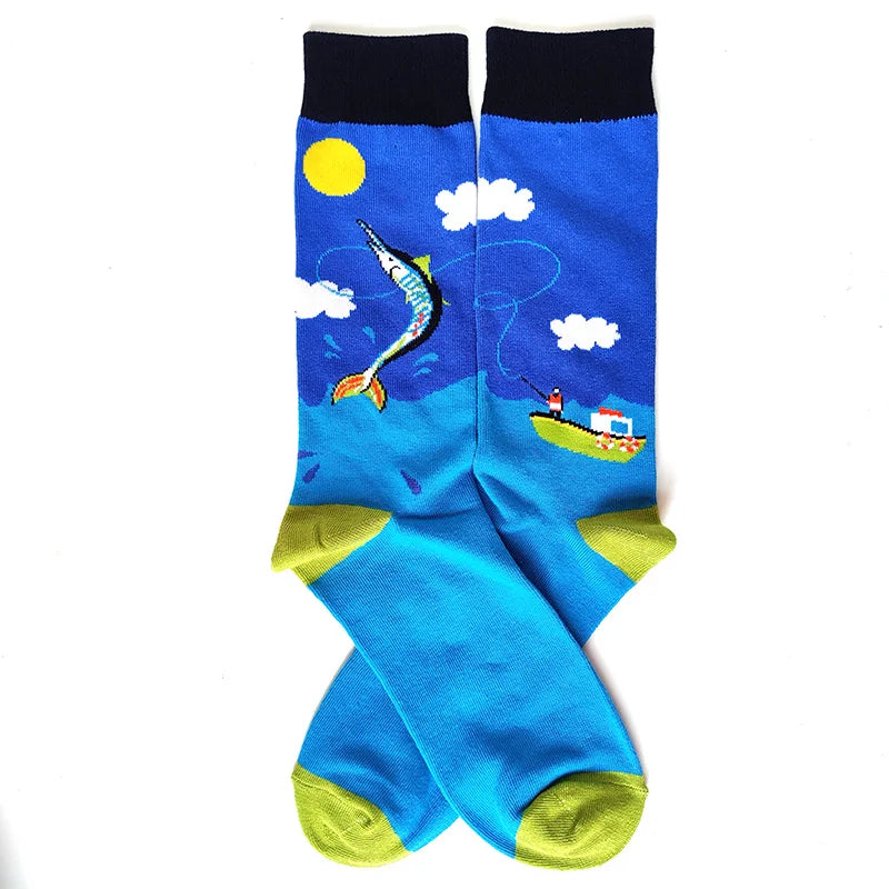 58 Style Cartoon Men Socks Fish bird parrot shark Theme Cotton Novelty Funny Hip Hop Trend Street Long Socks