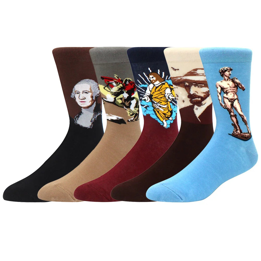 5 Pairs Men Middle Tube Socks Fun Casual Business Socks Colorful Halloween Animal Vintage Happy Woman Cotton Socks