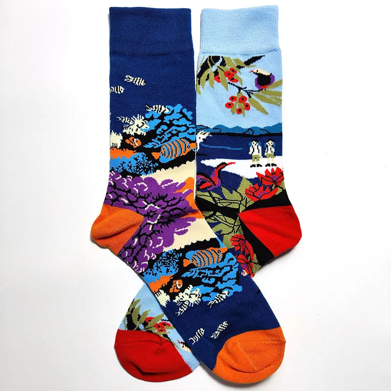 58 Style Cartoon Men Socks Fish bird parrot shark Theme Cotton Novelty Funny Hip Hop Trend Street Long Socks