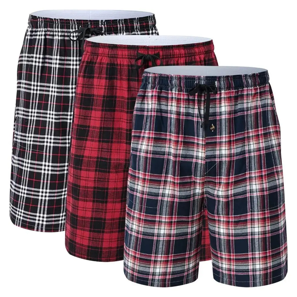 3Pcs Men's 100% Cotton Underwear Boxers Shorts Suit, Plaid Pajama Sleeping Bottoms Pants Suit, Elastic Waist Shorts Homewear