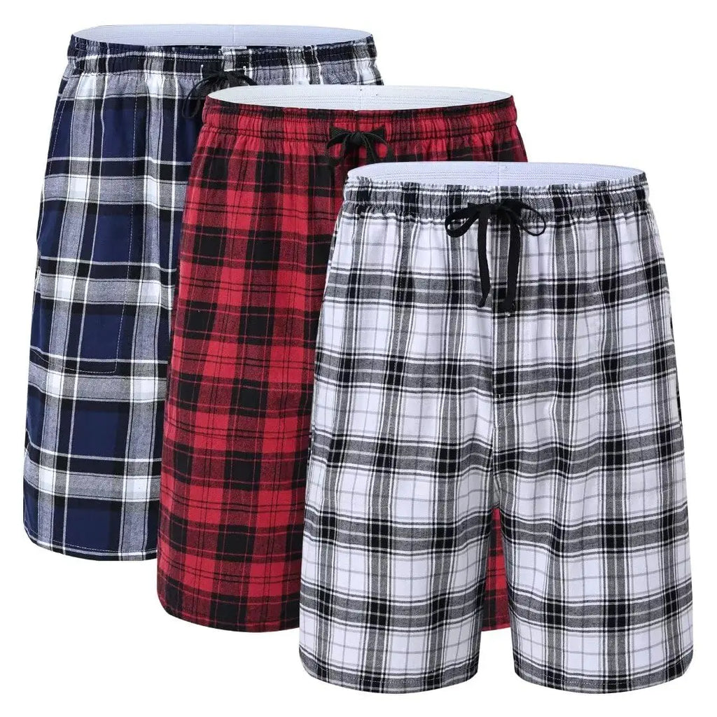 3Pcs Men's 100% Cotton Underwear Boxers Shorts Suit, Plaid Pajama Sleeping Bottoms Pants Suit, Elastic Waist Shorts Homewear
