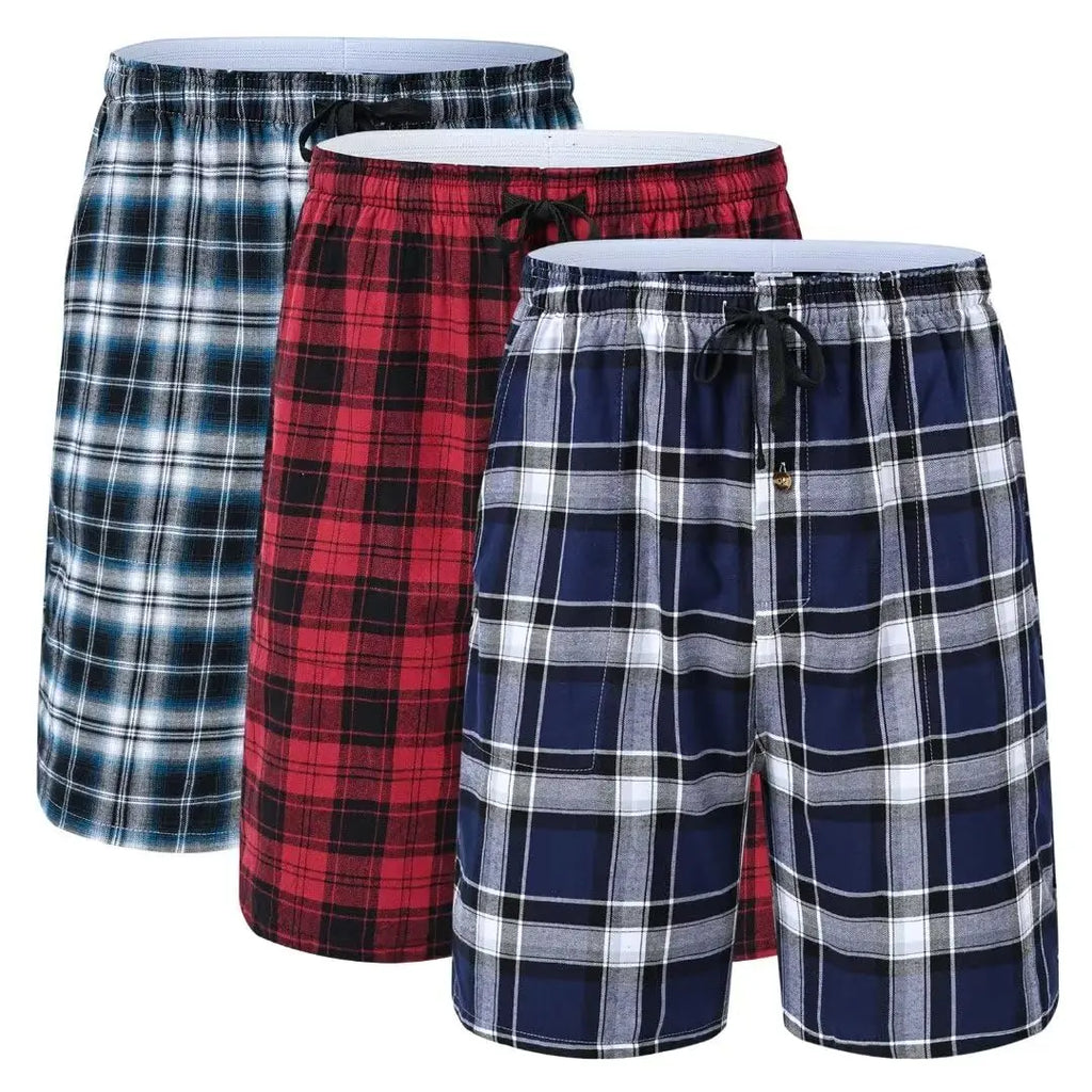 3Pcs Men's 100% Cotton Underwear Boxers Shorts Suit, Plaid Pajama Sleeping Bottoms Pants Suit, Elastic Waist Shorts Homewear