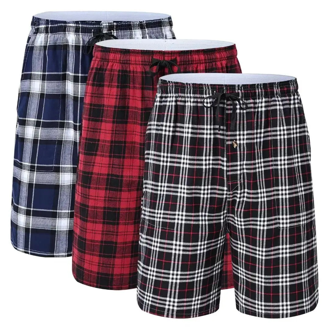 3Pcs Men's 100% Cotton Underwear Boxers Shorts Suit, Plaid Pajama Sleeping Bottoms Pants Suit, Elastic Waist Shorts Homewear