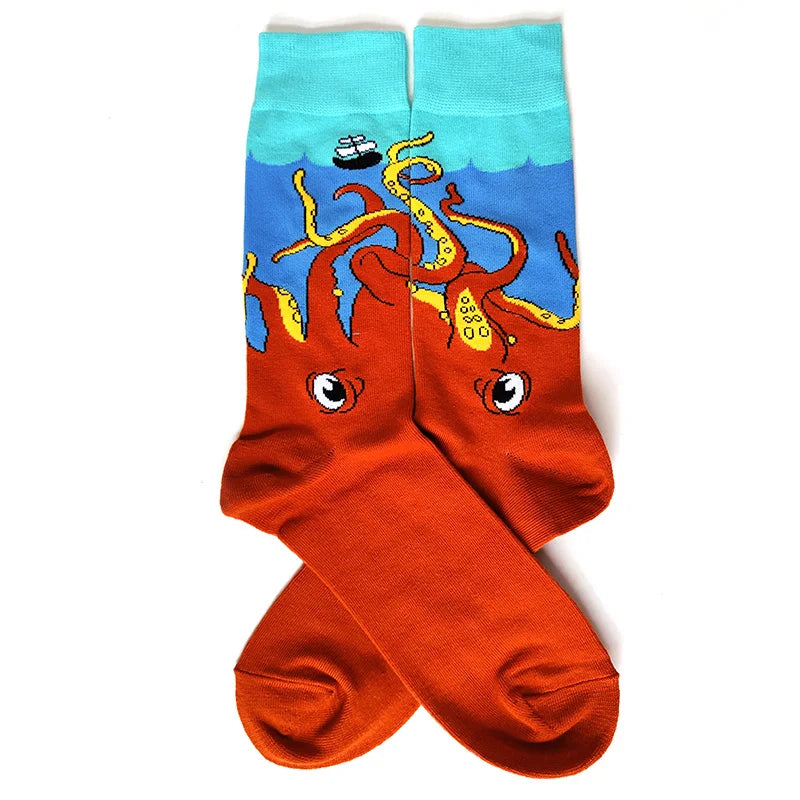 58 Style Cartoon Men Socks Fish bird parrot shark Theme Cotton Novelty Funny Hip Hop Trend Street Long Socks