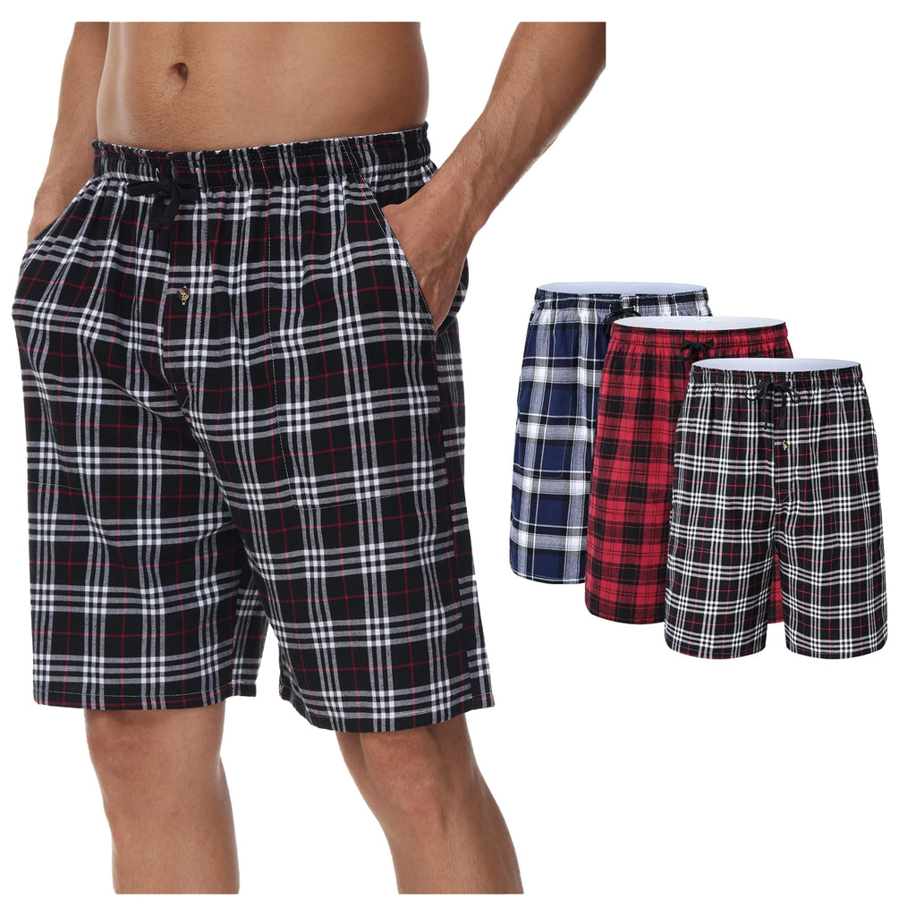 3Pcs Men's 100% Cotton Underwear Boxers Shorts Suit, Plaid Pajama Sleeping Bottoms Pants Suit, Elastic Waist Shorts Homewear