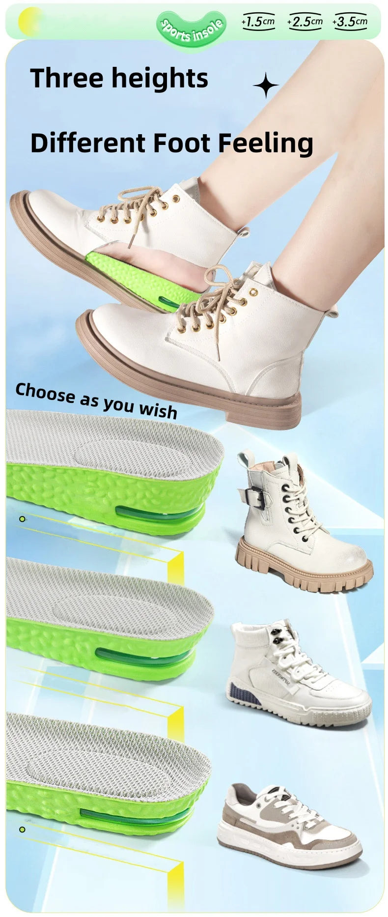 1Pair Air Cushion height increase insoles Breathable Sweat and Anti-Odour Insole Shock Absorbing Insole for Sports Shoes