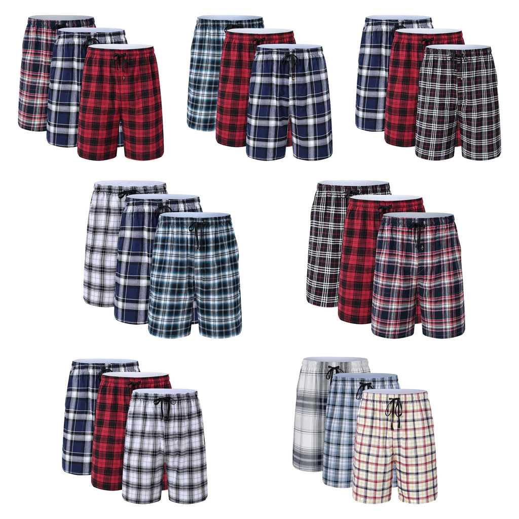 3Pcs Men's 100% Cotton Underwear Boxers Shorts Suit, Plaid Pajama Sleeping Bottoms Pants Suit, Elastic Waist Shorts Homewear
