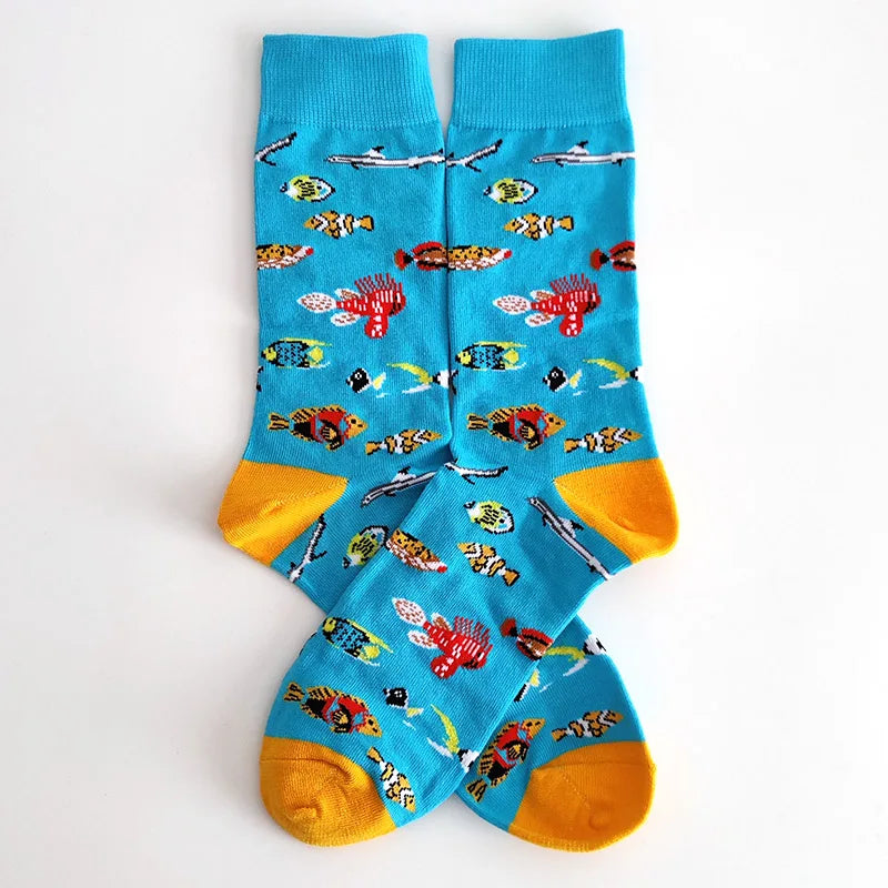 58 Style Cartoon Men Socks Fish bird parrot shark Theme Cotton Novelty Funny Hip Hop Trend Street Long Socks