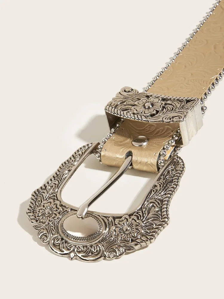 Western PU Leather Belt Western Cowboy Women Cowgirl Unisex Waist Belt with Metal Engraved Buckle