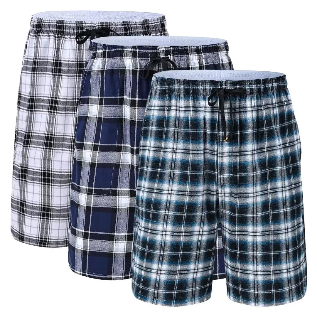 3Pcs Men's 100% Cotton Underwear Boxers Shorts Suit, Plaid Pajama Sleeping Bottoms Pants Suit, Elastic Waist Shorts Homewear