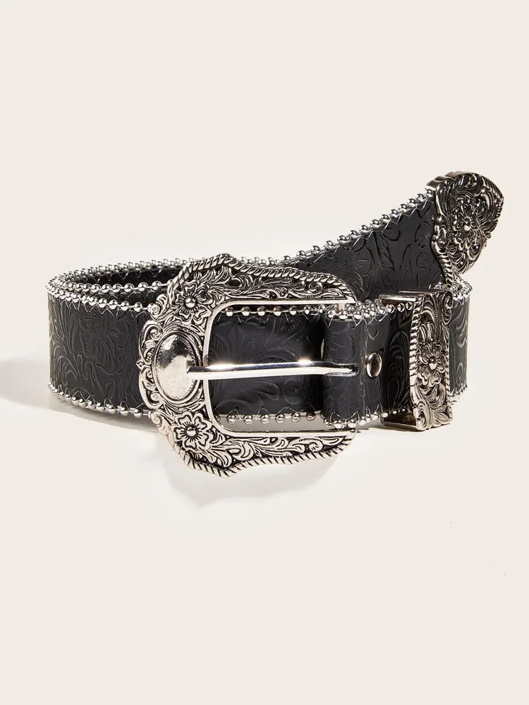 Western PU Leather Belt Western Cowboy Women Cowgirl Unisex Waist Belt with Metal Engraved Buckle