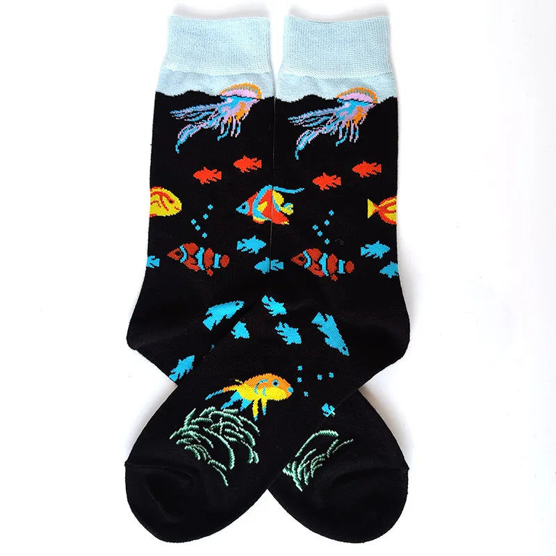 58 Style Cartoon Men Socks Fish bird parrot shark Theme Cotton Novelty Funny Hip Hop Trend Street Long Socks