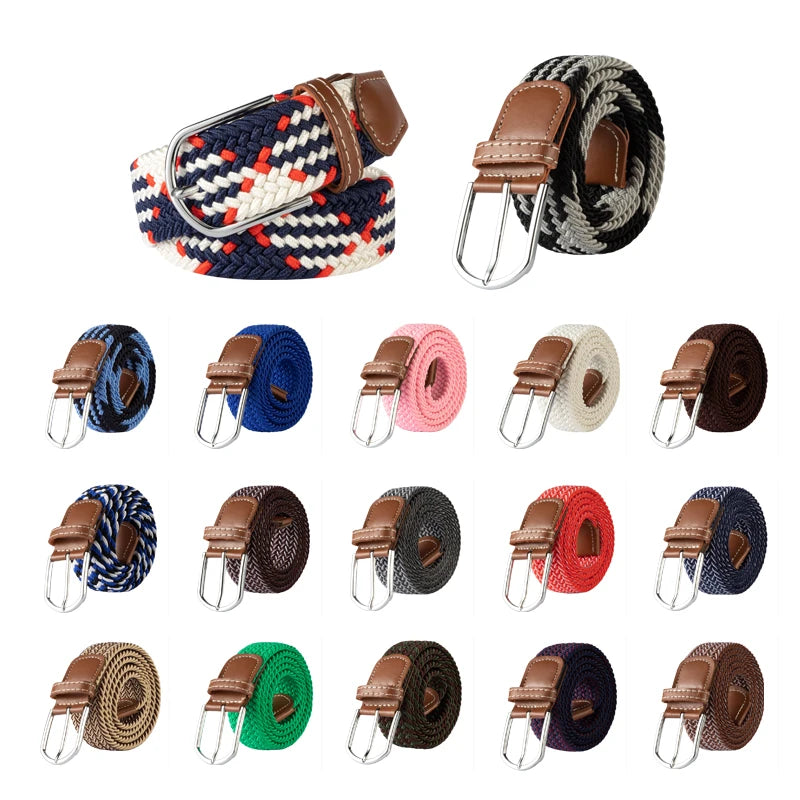 Blue Black Female Casual Knitted Pin Buckle Men Belt Woven Canvas Elastic Expandable Braided Stretch Belts Women Jeans 60colors
