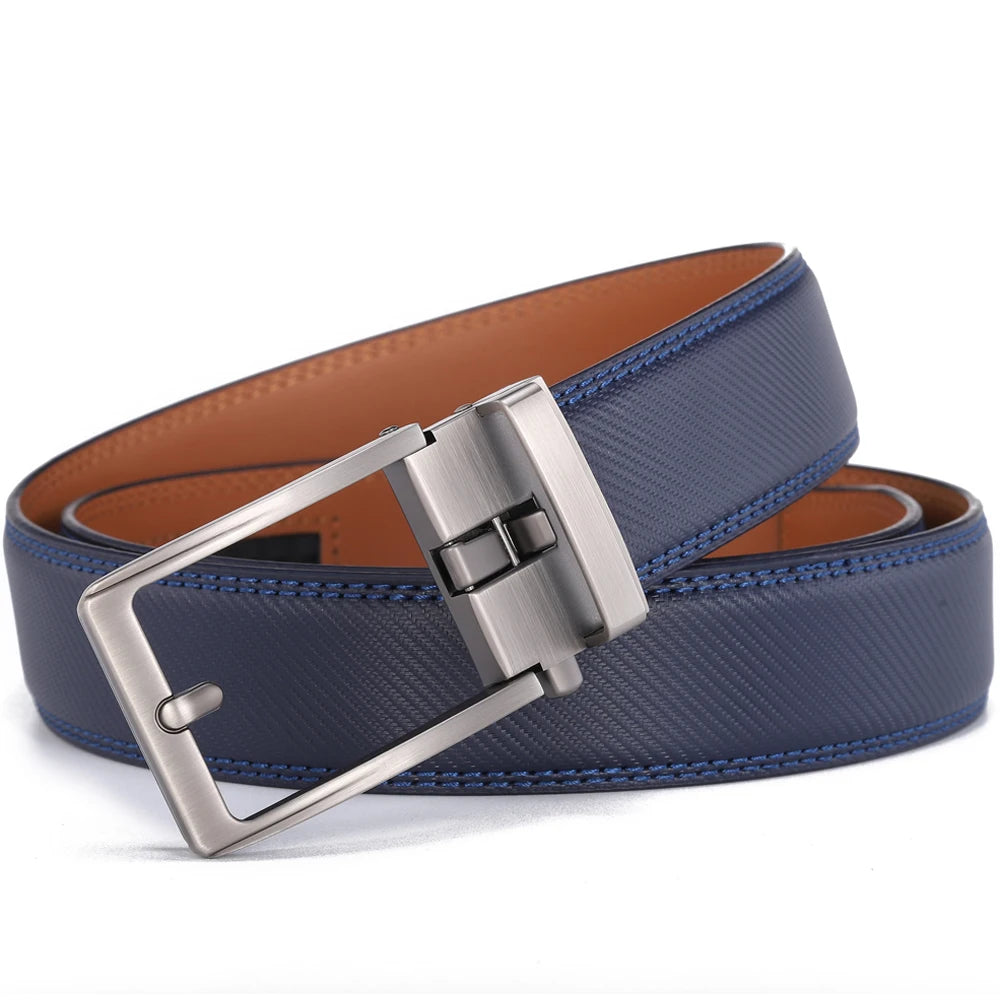 Click Belts for Men Luxury Brand Designer Fashion Automatic Buckle Genuine Leather Men's Belt Male Jeans Waist Strap Blue 3.5 cm