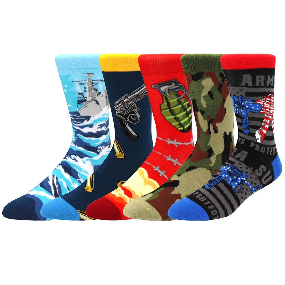 5 Pairs Men Middle Tube Socks Fun Casual Business Socks Colorful Halloween Animal Vintage Happy Woman Cotton Socks