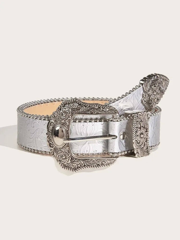 Western PU Leather Belt Western Cowboy Women Cowgirl Unisex Waist Belt with Metal Engraved Buckle