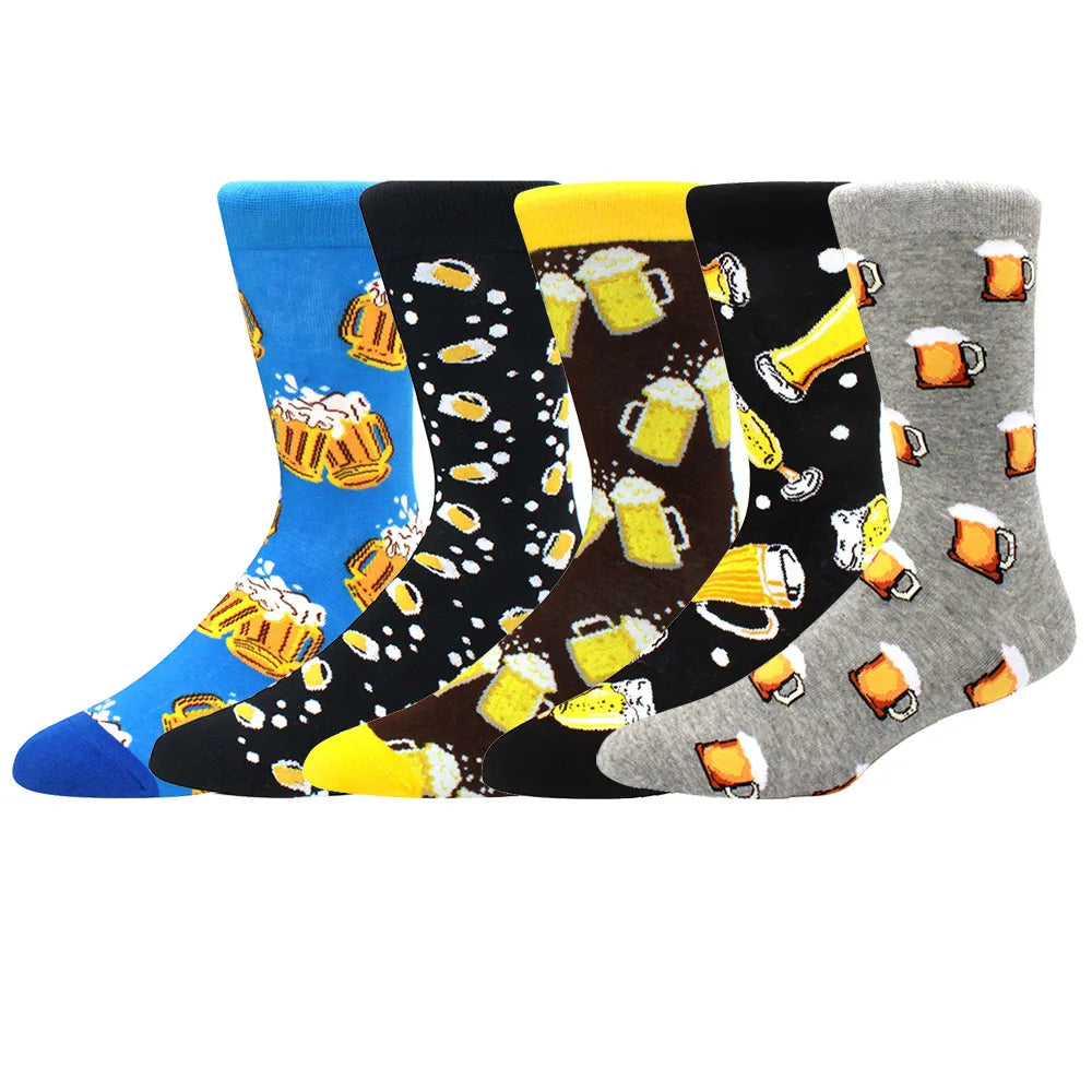 5 Pairs Men Middle Tube Socks Fun Casual Business Socks Colorful Halloween Animal Vintage Happy Woman Cotton Socks