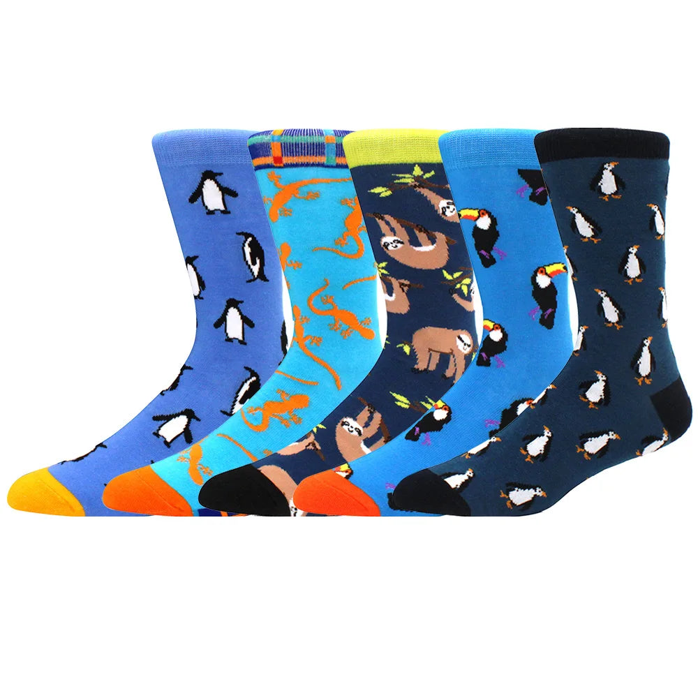5 Pairs Men Middle Tube Socks Fun Casual Business Socks Colorful Halloween Animal Vintage Happy Woman Cotton Socks