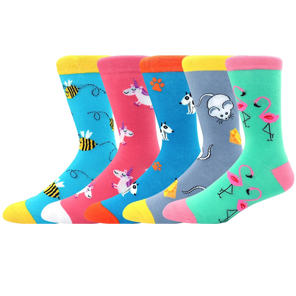 5 Pairs Men Middle Tube Socks Fun Casual Business Socks Colorful Halloween Animal Vintage Happy Woman Cotton Socks
