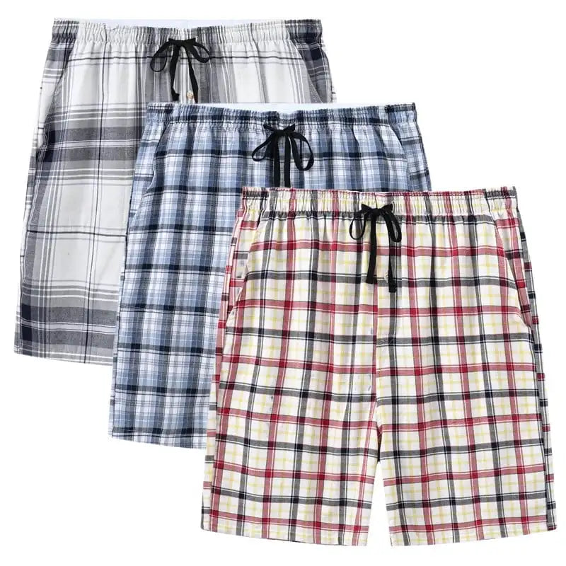 3Pcs Men's 100% Cotton Underwear Boxers Shorts Suit, Plaid Pajama Sleeping Bottoms Pants Suit, Elastic Waist Shorts Homewear