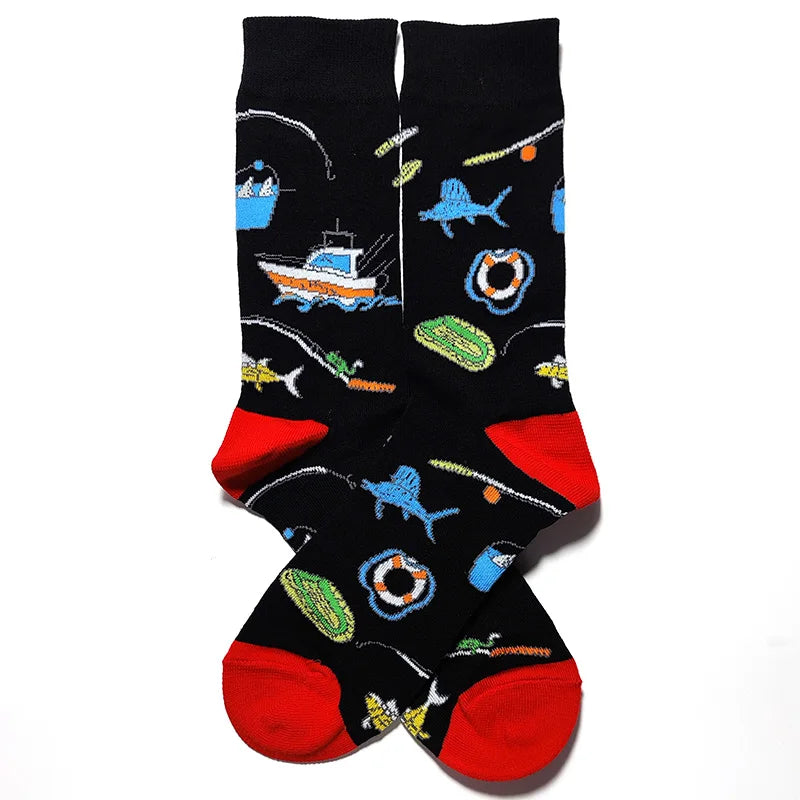 58 Style Cartoon Men Socks Fish bird parrot shark Theme Cotton Novelty Funny Hip Hop Trend Street Long Socks