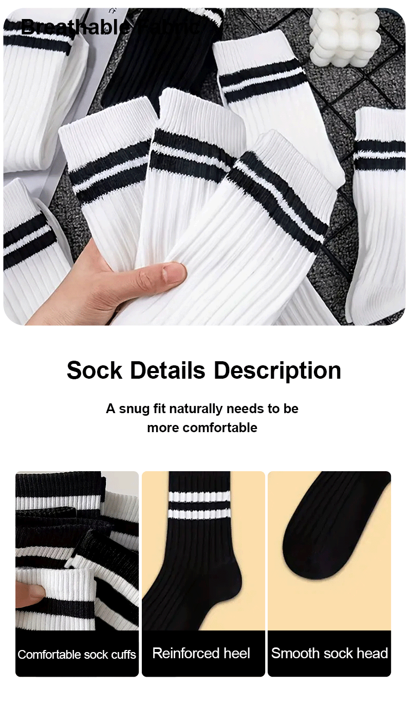 6 Pairs Men's Socks Spring Autumn Simple Casual Black White Striped Socks Breathable Mid Tube Sock High-quality Round Neck Socks