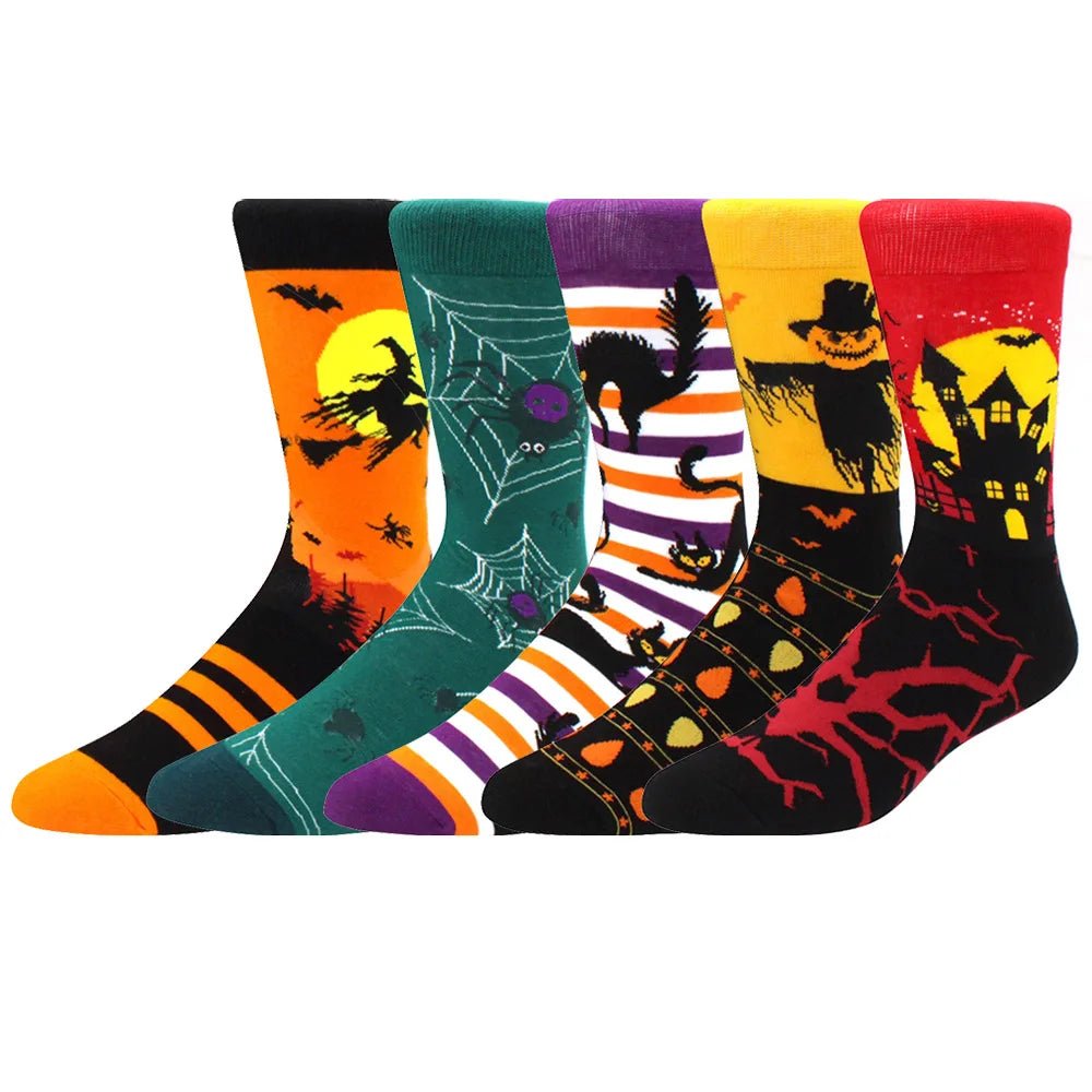 5 Pairs Men Middle Tube Socks Fun Casual Business Socks Colorful Halloween Animal Vintage Happy Woman Cotton Socks
