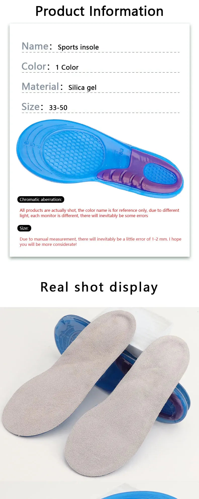 1 Pair Man Women Orthotic Arch Support Massage Insole Unisex Silicone Anti Slip Gel Soft Sport Shoe Pad Shock Absorption