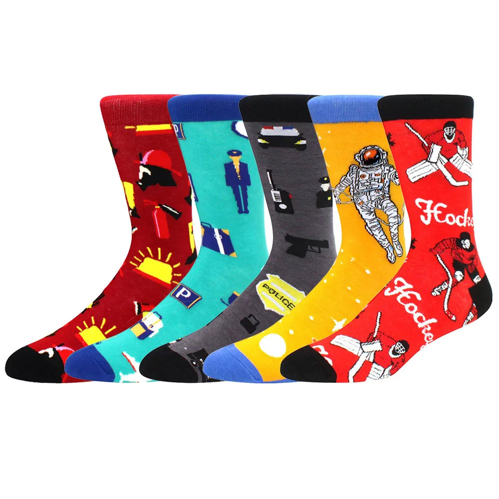 5 Pairs Men Middle Tube Socks Fun Casual Business Socks Colorful Halloween Animal Vintage Happy Woman Cotton Socks