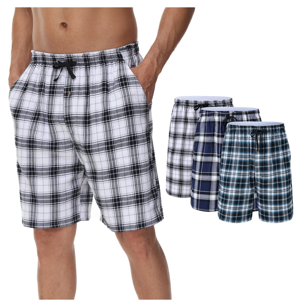 3Pcs Men's 100% Cotton Underwear Boxers Shorts Suit, Plaid Pajama Sleeping Bottoms Pants Suit, Elastic Waist Shorts Homewear
