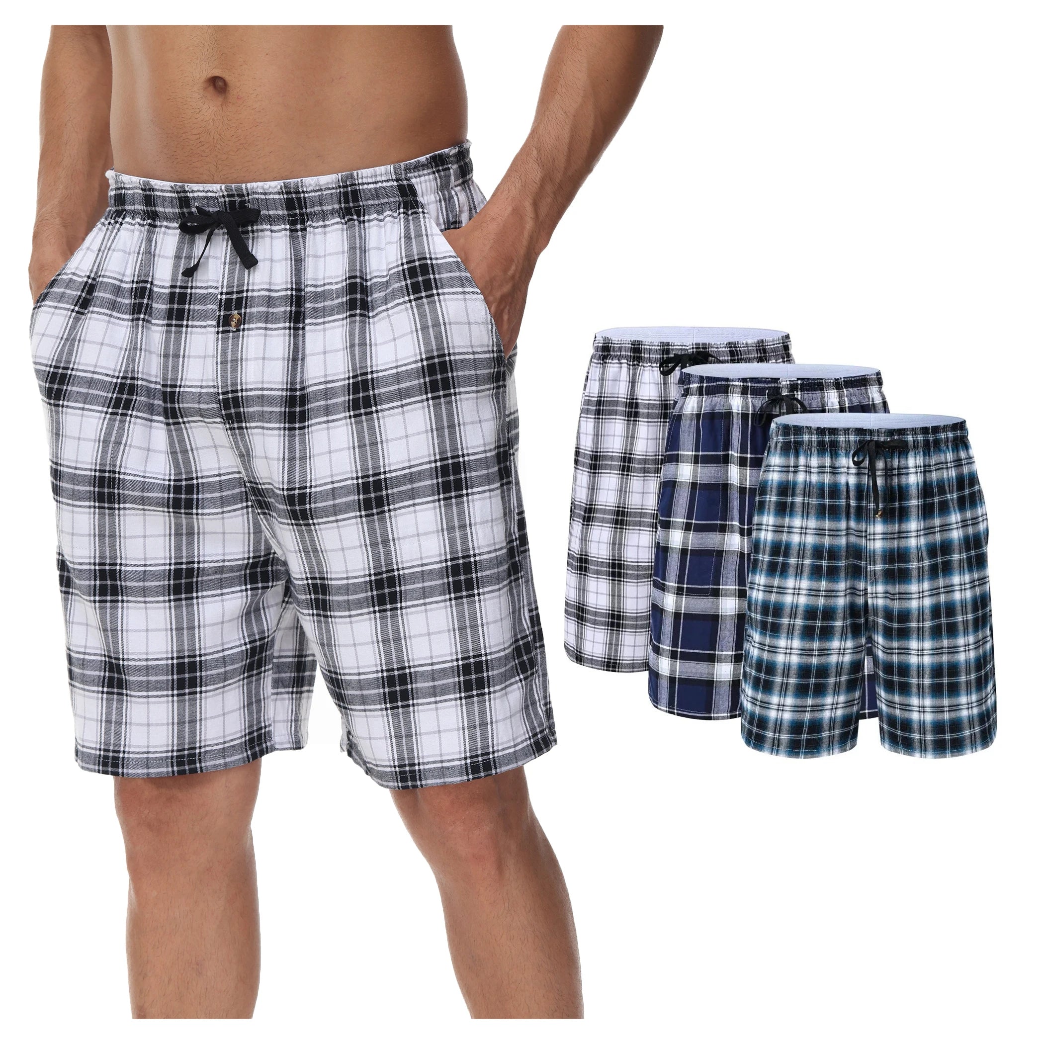 3Pcs Men's 100% Cotton Underwear Boxers Shorts Suit, Plaid Pajama Sleeping Bottoms Pants Suit, Elastic Waist Shorts Homewear
