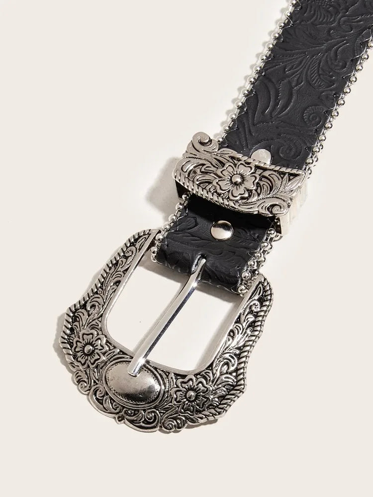 Western PU Leather Belt Western Cowboy Women Cowgirl Unisex Waist Belt with Metal Engraved Buckle